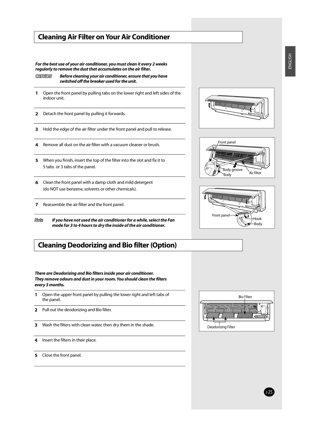 Samsung AQ12MSDN, AQ12MSDX manual Cleaning Air Filter on Your Air Conditioner, Cleaning Deodorizing and Bio filter Option 