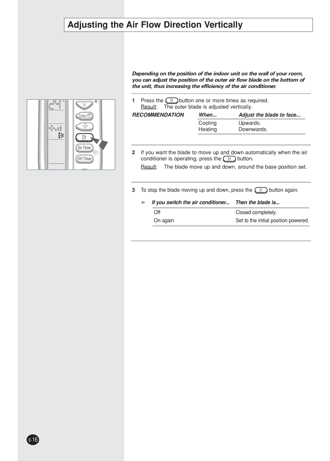 Samsung AQ12NBMDXSV, AQ12NBMD2/XSV manual Adjusting the Air Flow Direction Vertically, Recommendation 