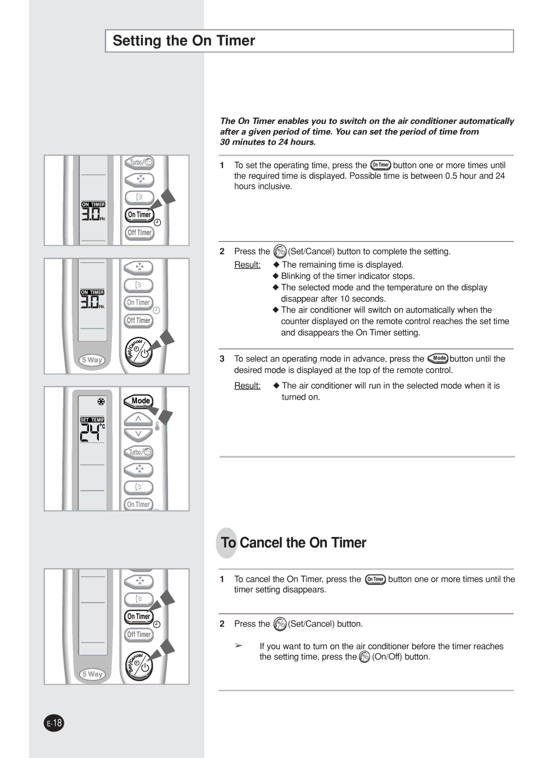 Samsung AQ12NBMDXSV, AQ12NBMD2/XSV manual Setting the On Timer, To Cancel the On Timer, Minutes to 24 hours 