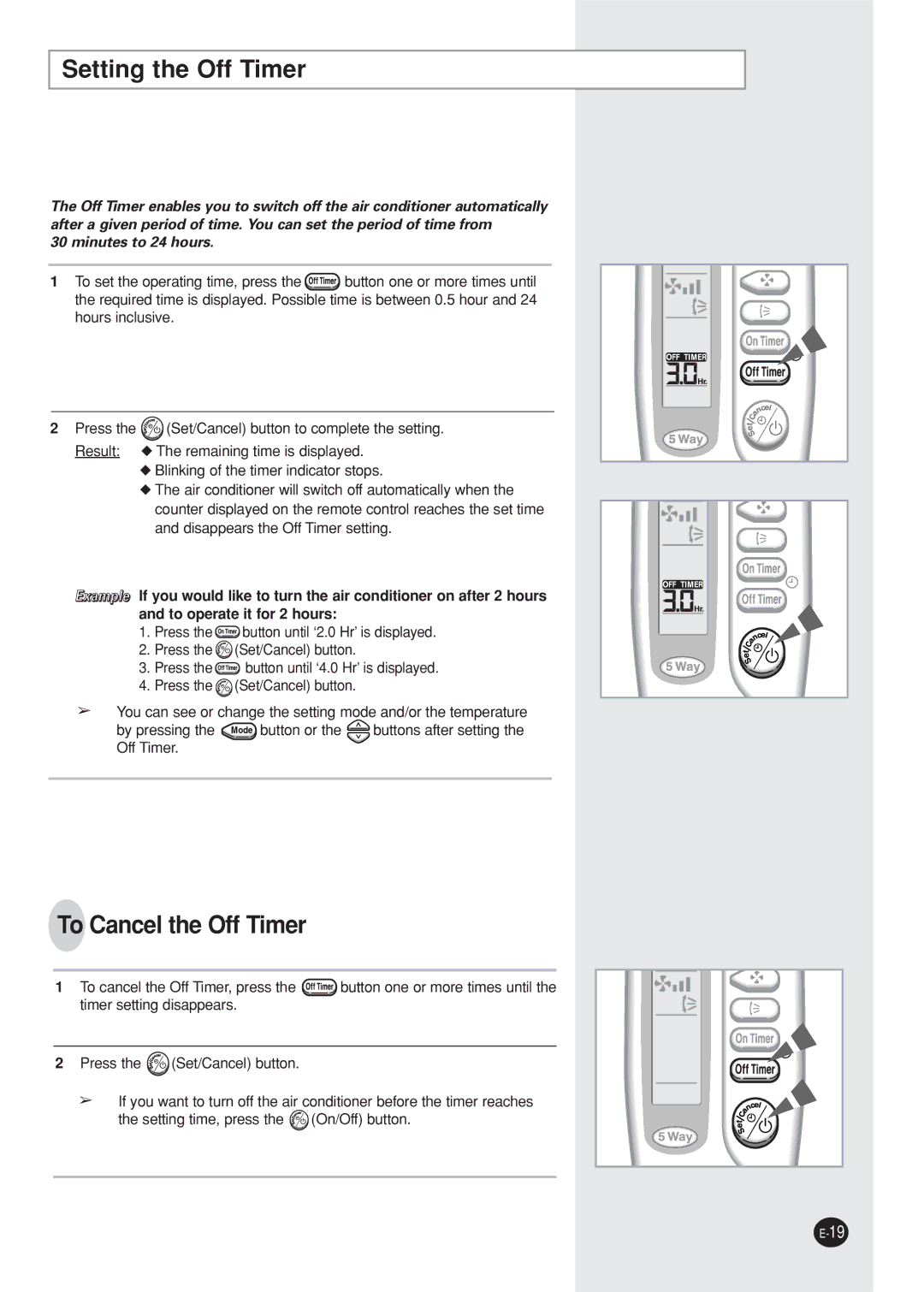 Samsung AQ12NBMD2/XSV, AQ12NBMDXSV manual Setting the Off Timer, To Cancel the Off Timer 