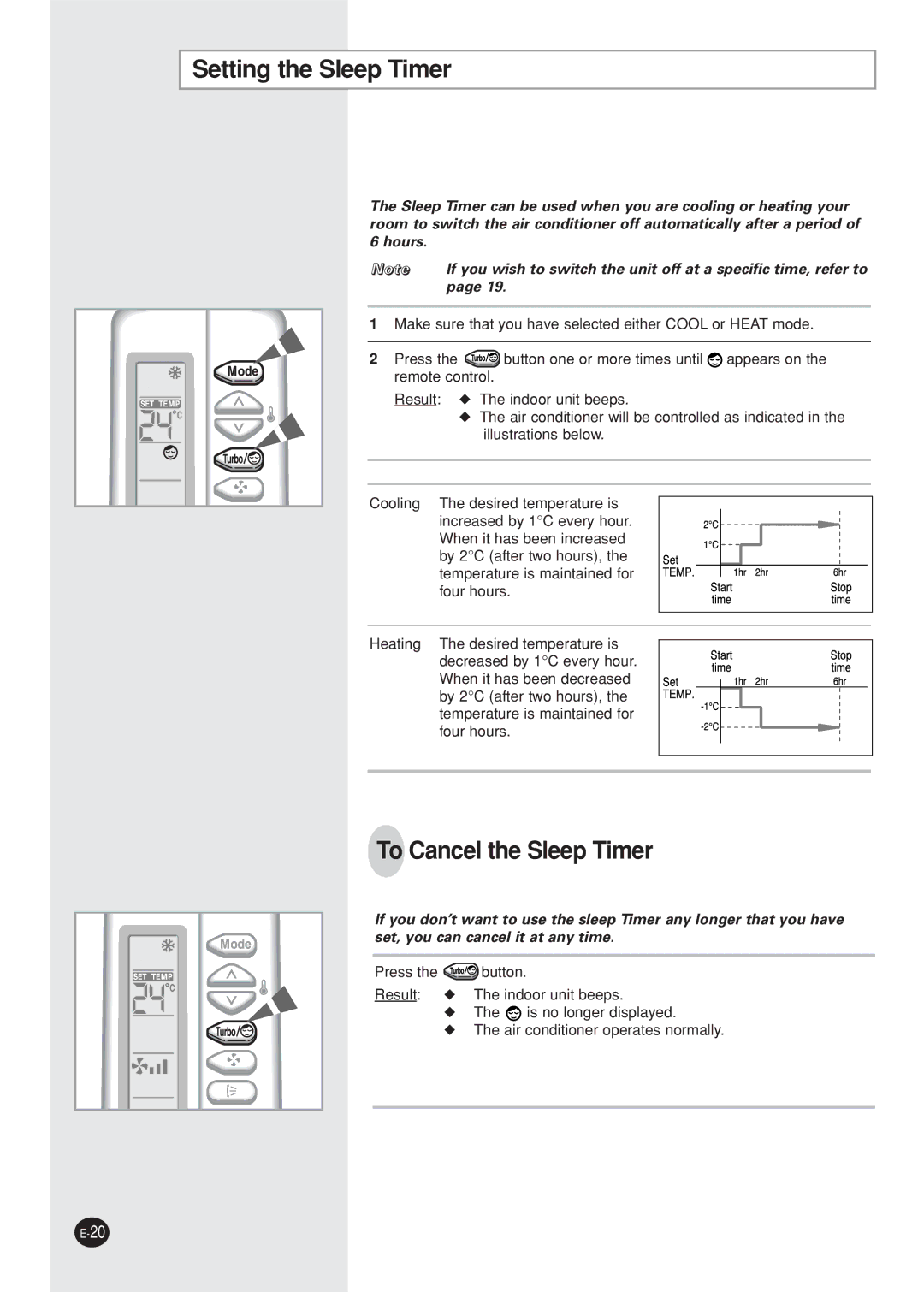 Samsung AQ12NBMDXSV, AQ12NBMD2/XSV manual Setting the Sleep Timer, To Cancel the Sleep Timer 