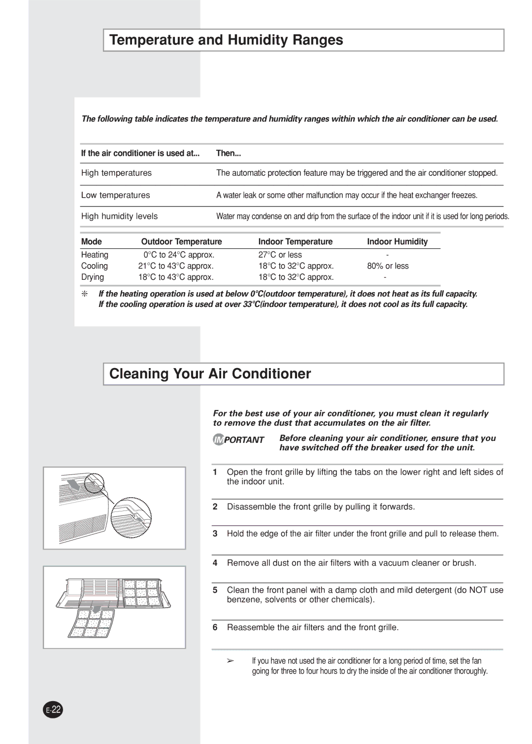 Samsung AQ12NBMDXSV Temperature and Humidity Ranges, Cleaning Your Air Conditioner, If the air conditioner is used at Then 