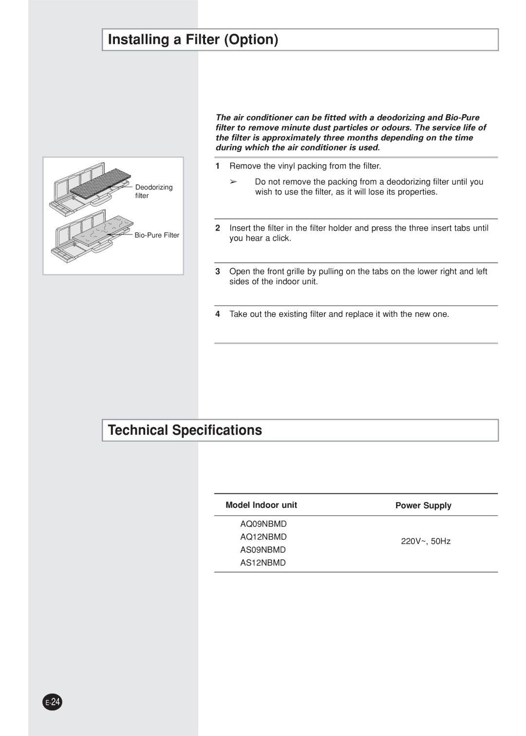 Samsung AQ12NBMDXSV, AQ12NBMD2/XSV Installing a Filter Option, Technical Specifications, Model Indoor unit Power Supply 