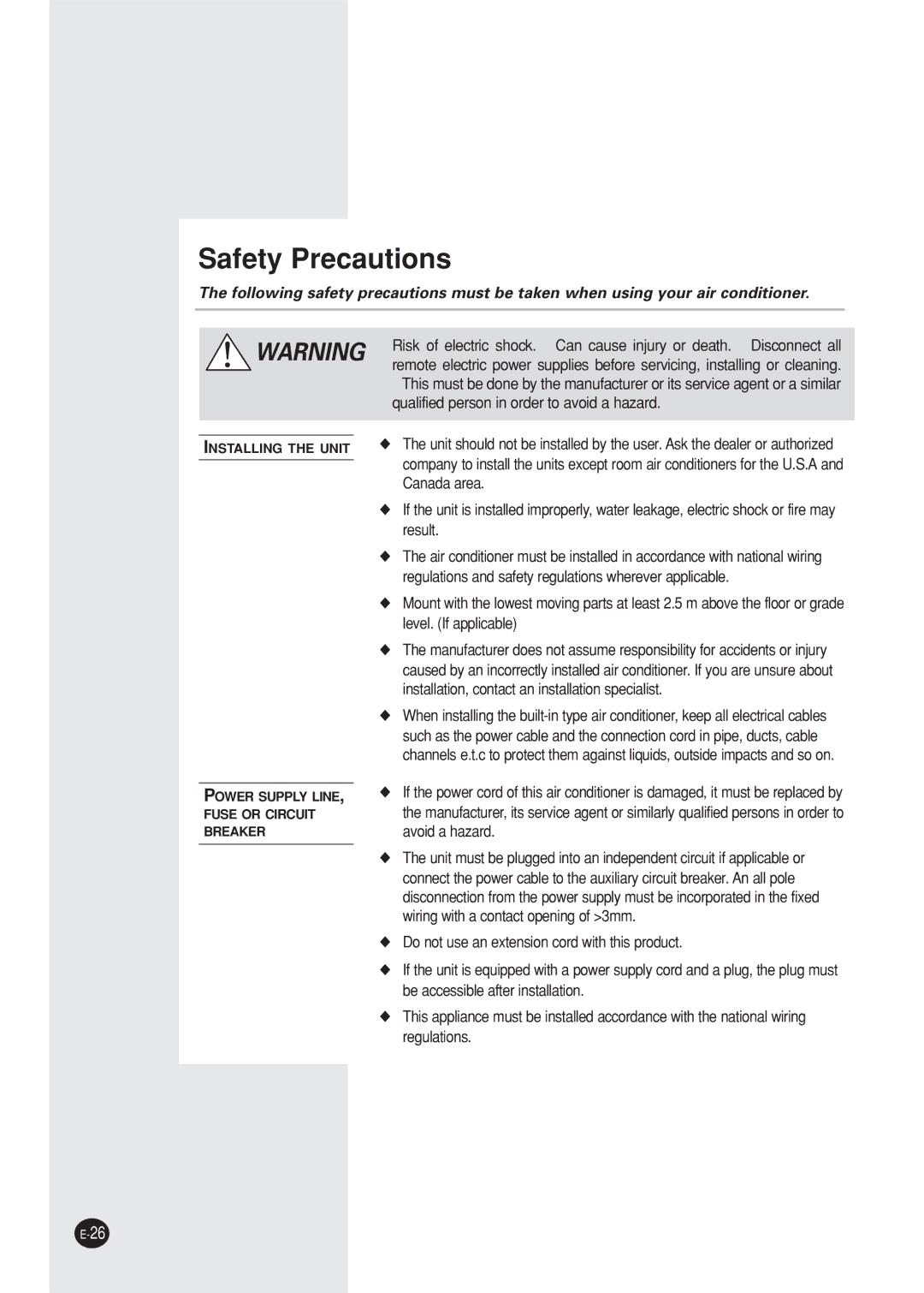 Samsung AQ12NBMDXSV, AQ12NBMD2/XSV manual Safety Precautions 