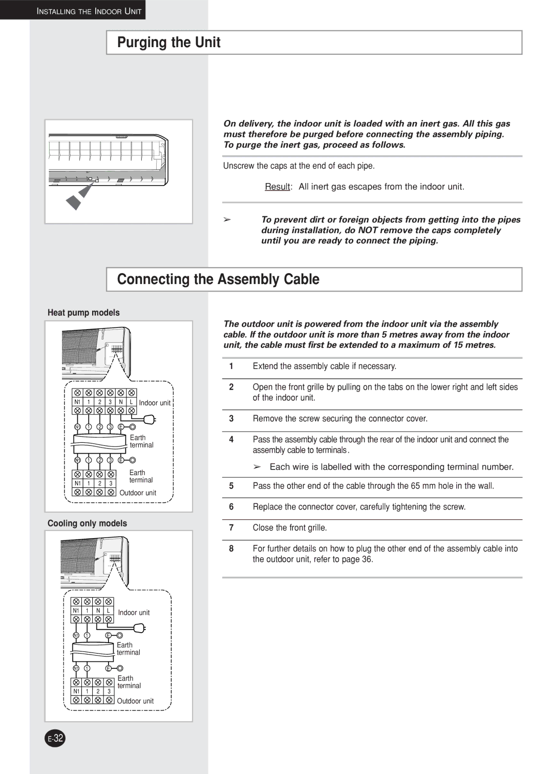 Samsung AQ12NBMDXSV, AQ12NBMD2/XSV Purging the Unit, Connecting the Assembly Cable, Heat pump models, Cooling only models 