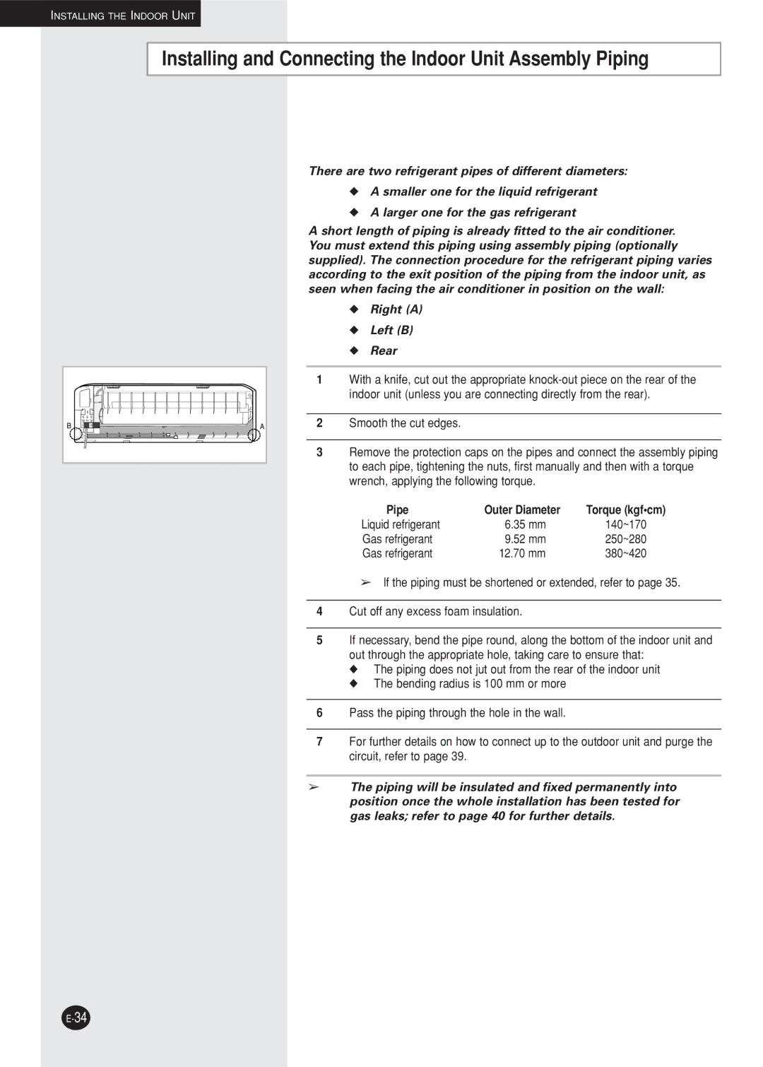 Samsung AQ12NBMDXSV, AQ12NBMD2/XSV manual Installing and Connecting the Indoor Unit Assembly Piping, Pipe 