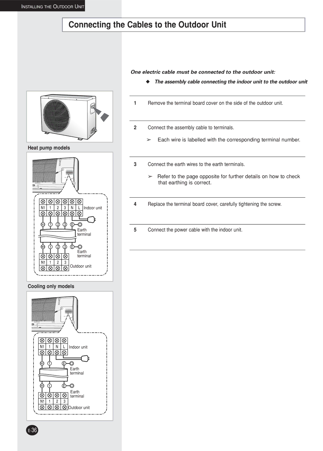 Samsung AQ12NBMDXSV Connecting the Cables to the Outdoor Unit, One electric cable must be connected to the outdoor unit 