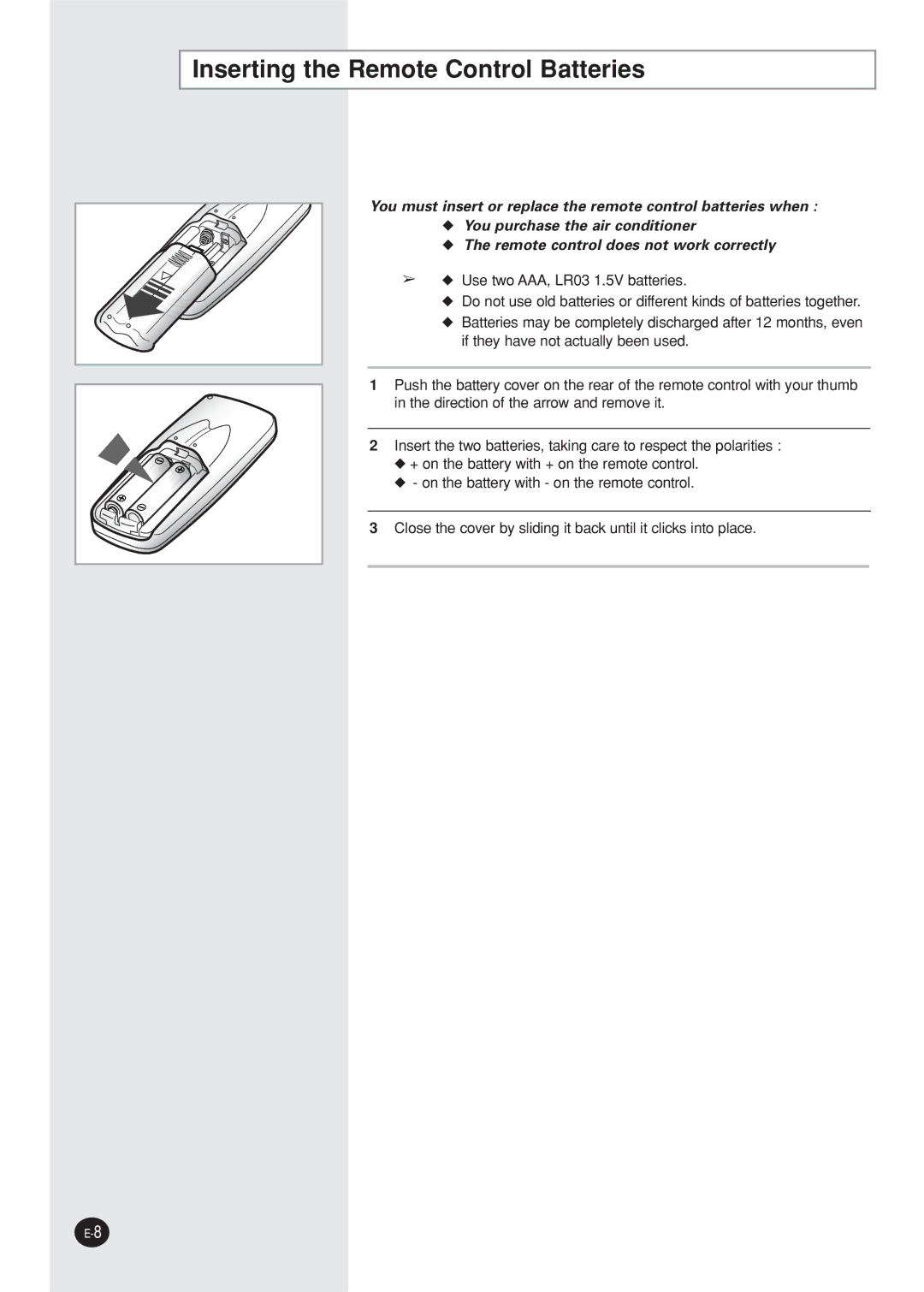 Samsung AQ12NBMDXSV, AQ12NBMD2/XSV manual Inserting the Remote Control Batteries 