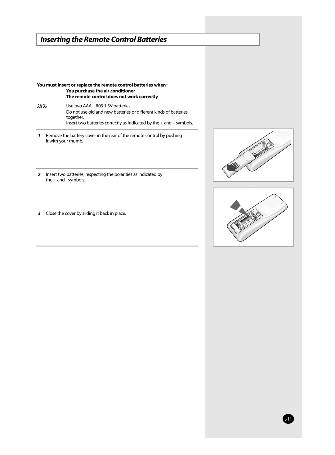 Samsung AQ12TANSER, AQ12TAXSER manual Inserting the Remote Control Batteries 