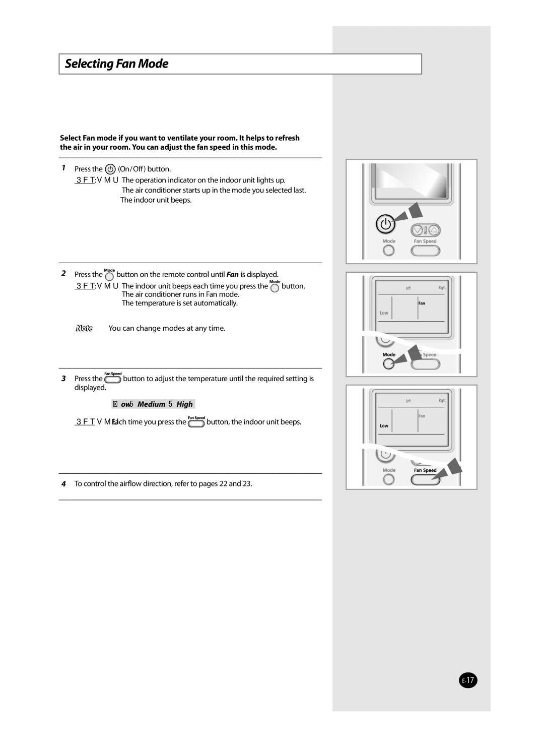 Samsung AQ12TANSER, AQ12TAXSER manual Selecting Fan Mode, Low  Medium  High 