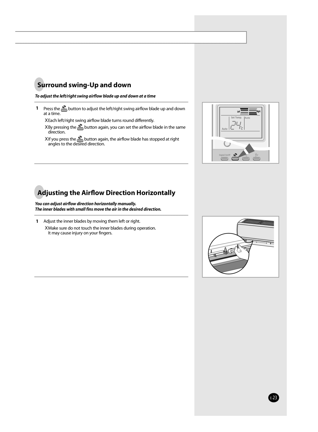 Samsung AQ12TANSER, AQ12TAXSER manual Surround swing-Up and down, Adjusting the Airﬂow Direction Horizontally 