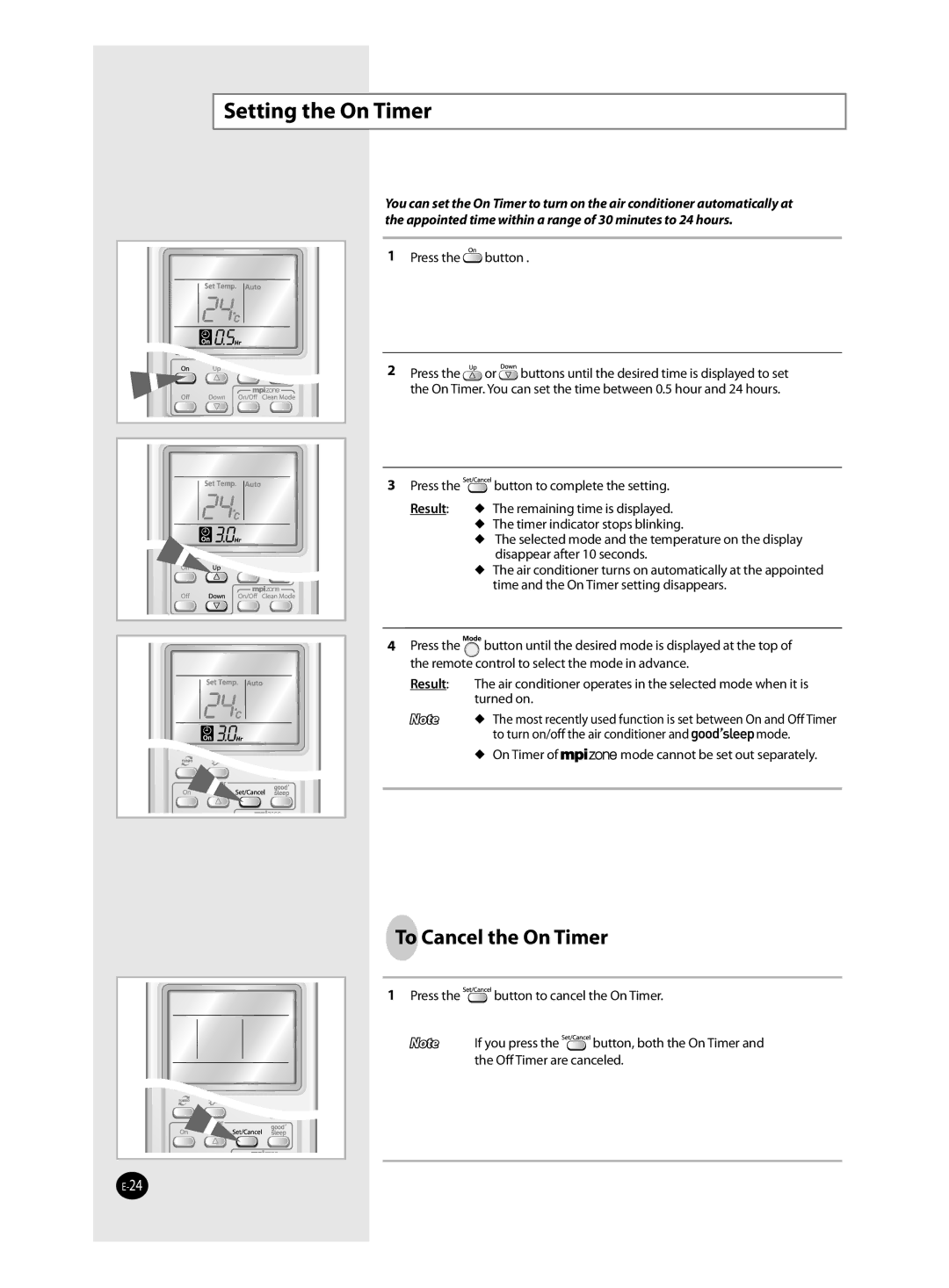 Samsung AQ12TAXSER, AQ12TANSER manual Setting the On Timer, To Cancel the On Timer 