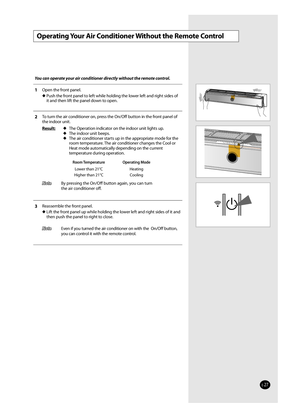 Samsung AQ12TANSER, AQ12TAXSER manual Operating Your Air Conditioner Without the Remote Control 