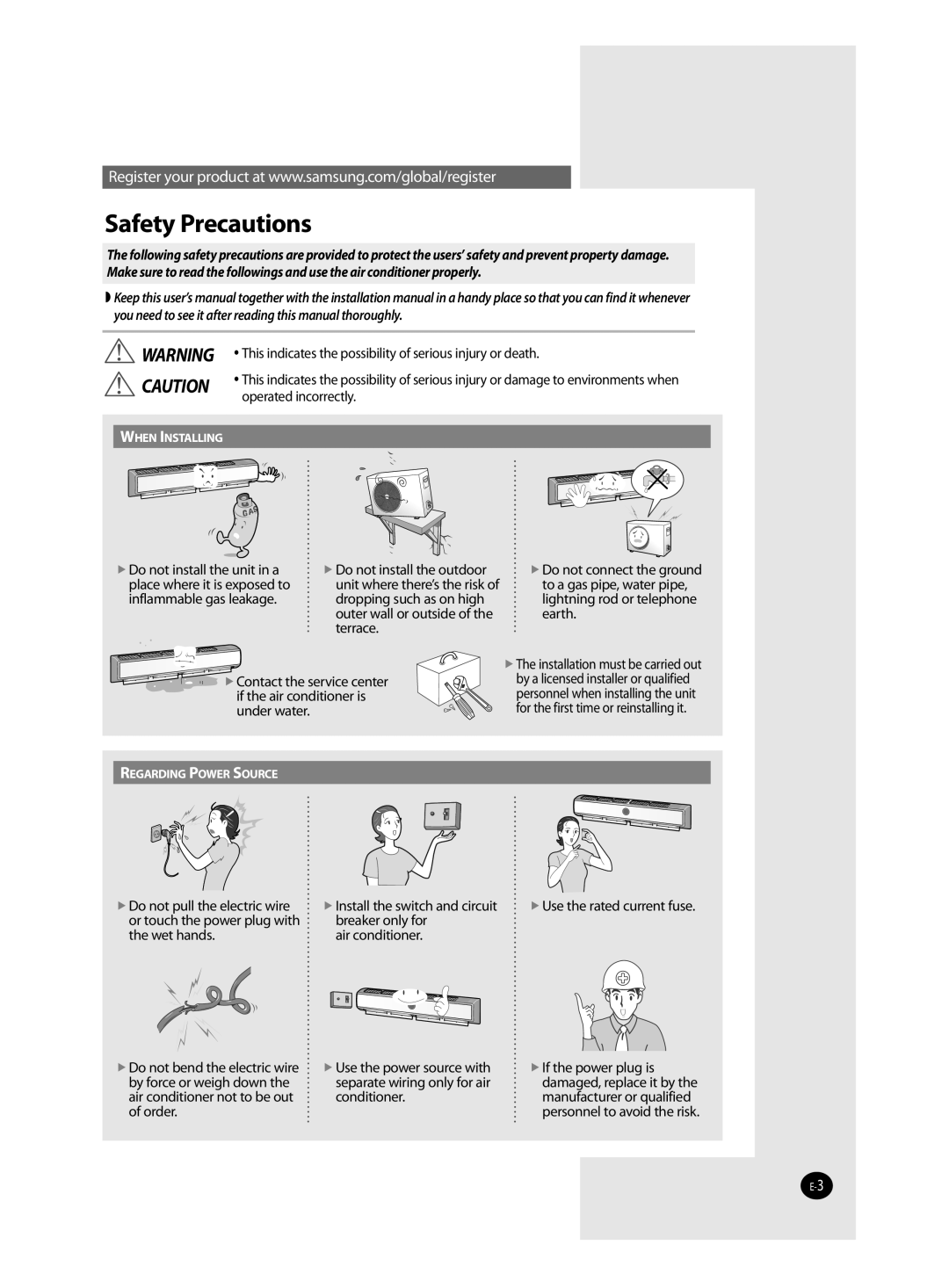 Samsung AQ12TANSER, AQ12TAXSER manual Safety Precautions 