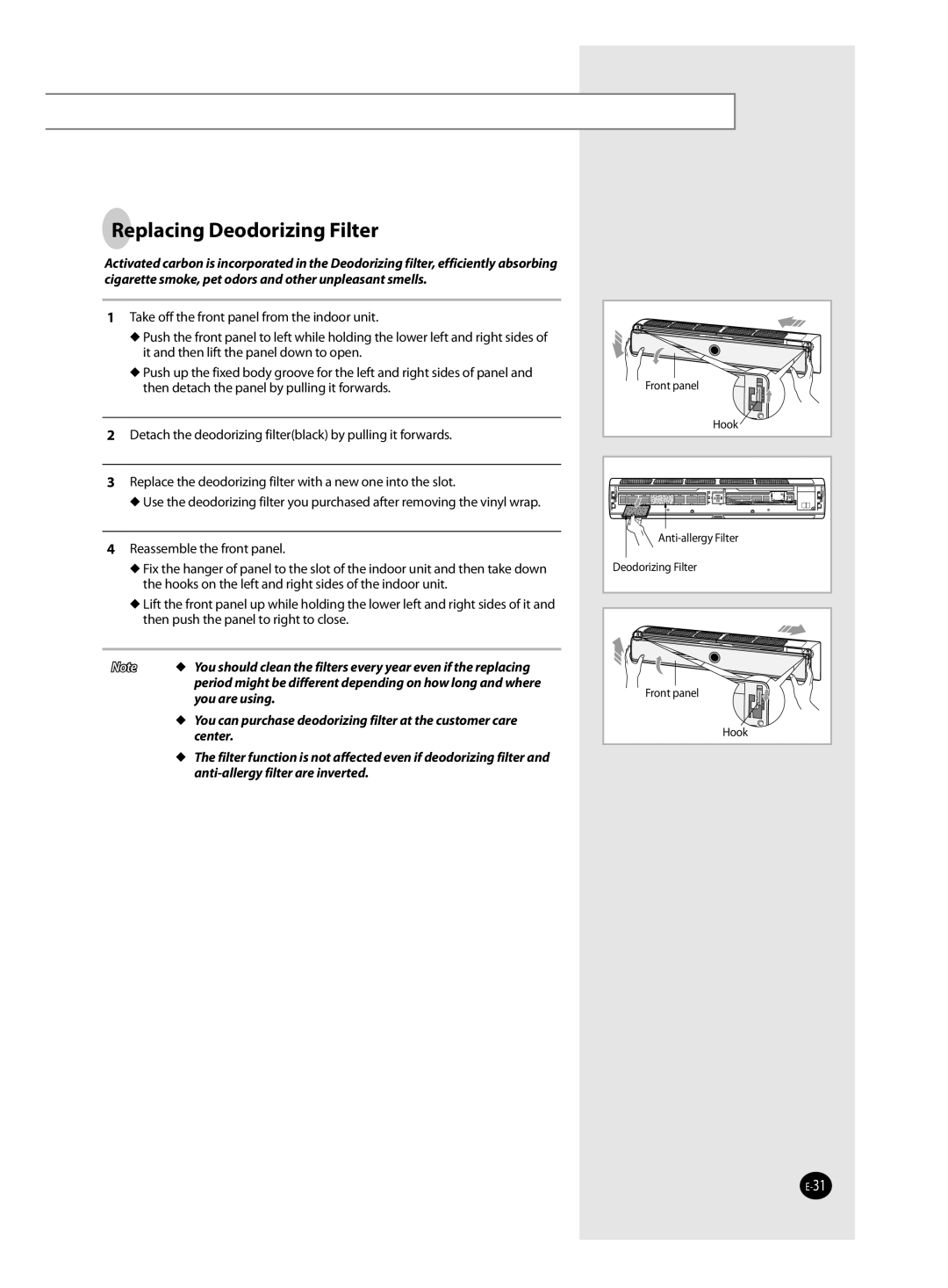 Samsung AQ12TANSER, AQ12TAXSER manual Replacing Deodorizing Filter 