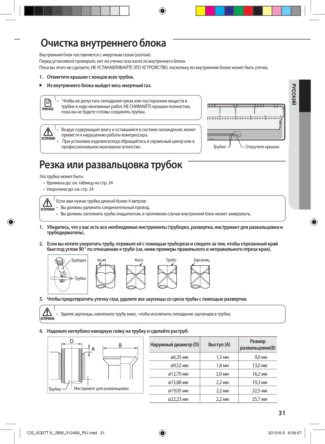 Samsung AQ24TFBNSER, AQ12TSBXSER, AQ09TSBXSER Очистка внутреннего блока, Резка или развальцовка трубок, Выступ a Размер 