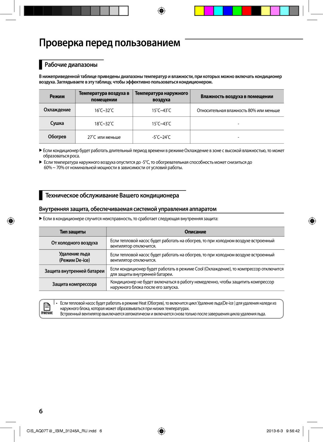 Samsung AQ07TSBXSER, AQ12TSBXSER Проверка перед пользованием, Рабочие диапазоны, Тип защиты Описание, Режим De-ice 