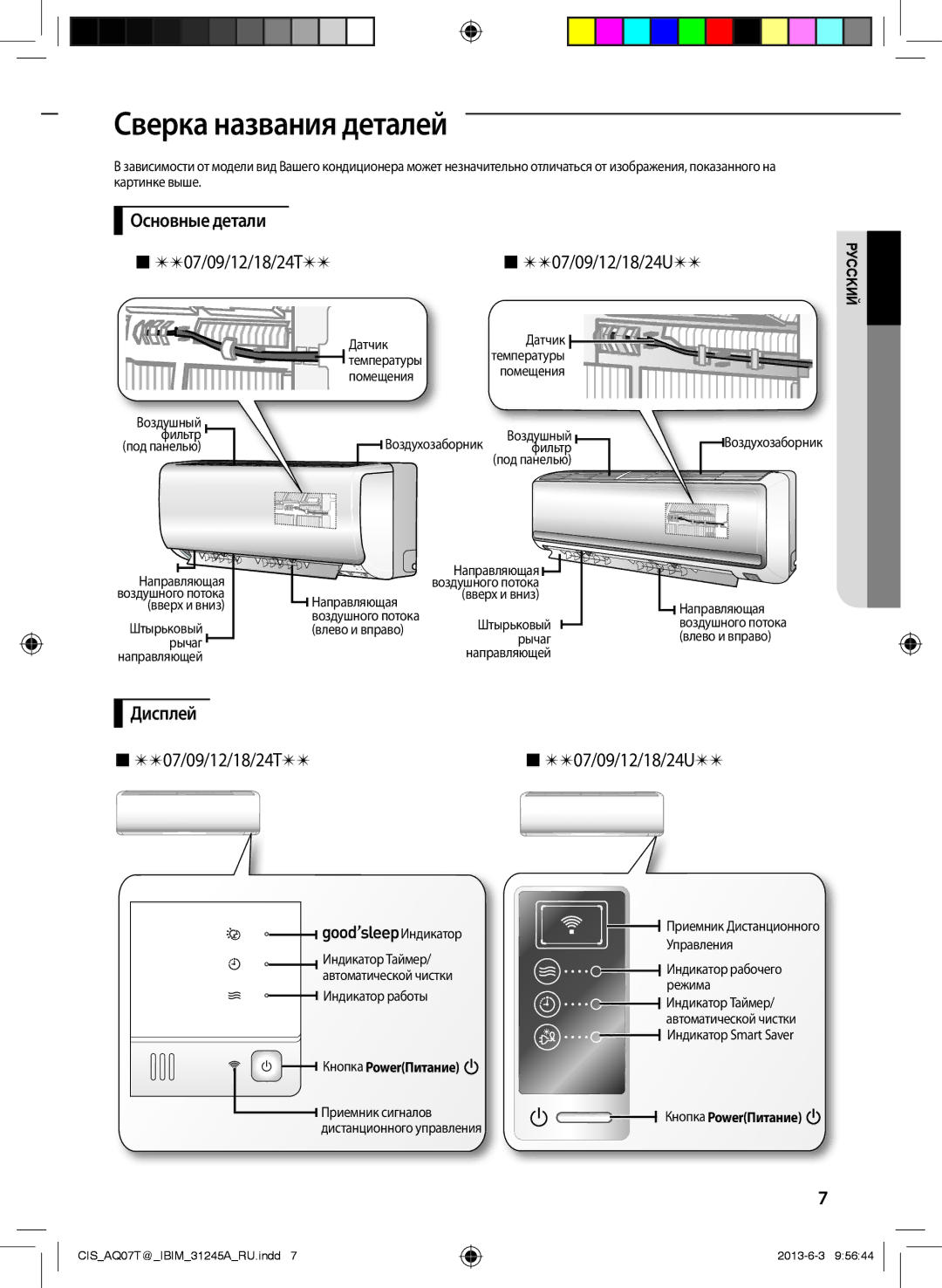 Samsung AQ09TFBNSER manual Сверка названия деталей, Основные детали  07/09/12/18/24T , Дисплей  07/09/12/18/24T  