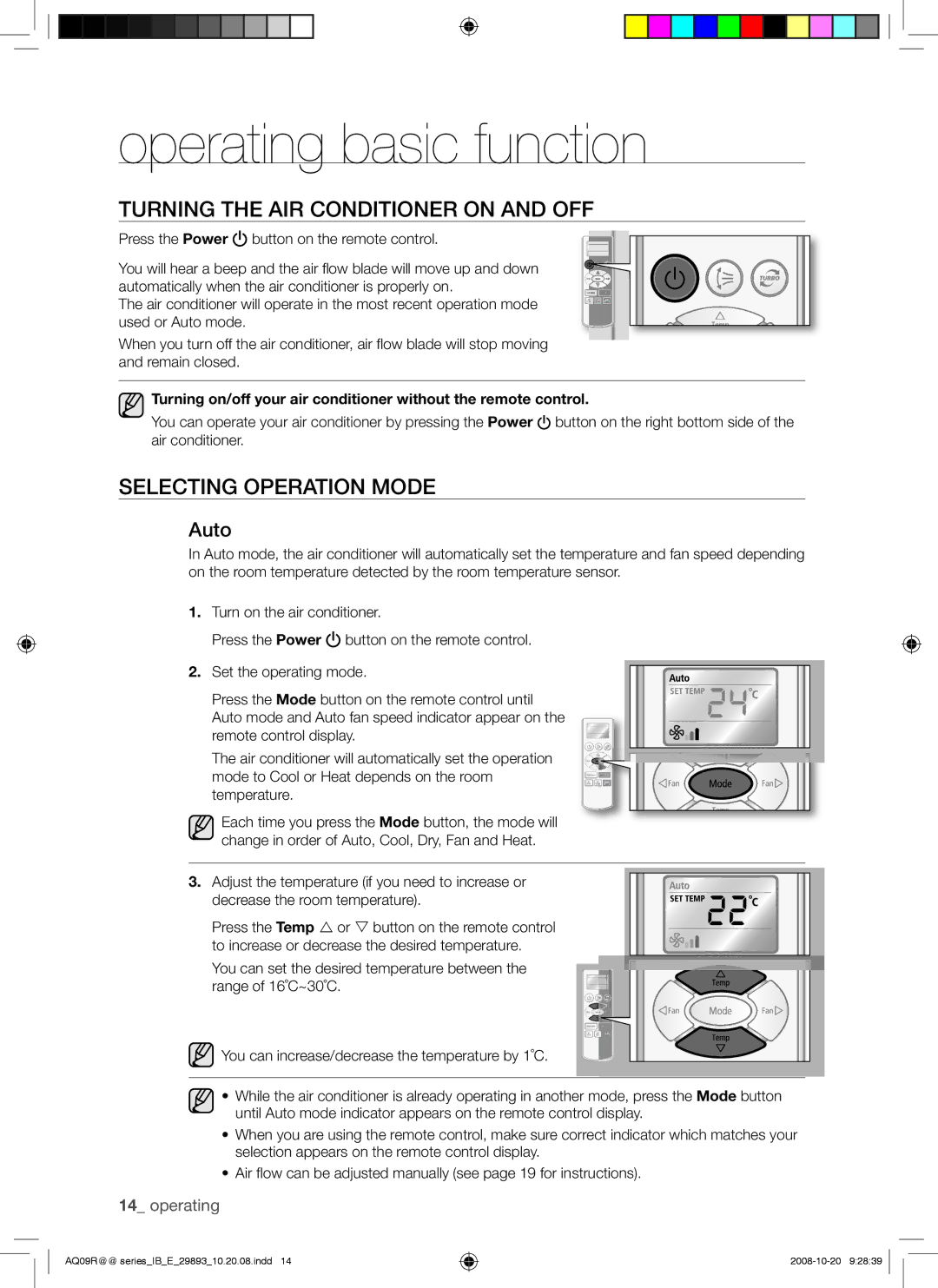 Samsung AQ12CANSER manual Operating basic function, Turning the AIR Conditioner on and OFF, Selecting Operation Mode, Auto 