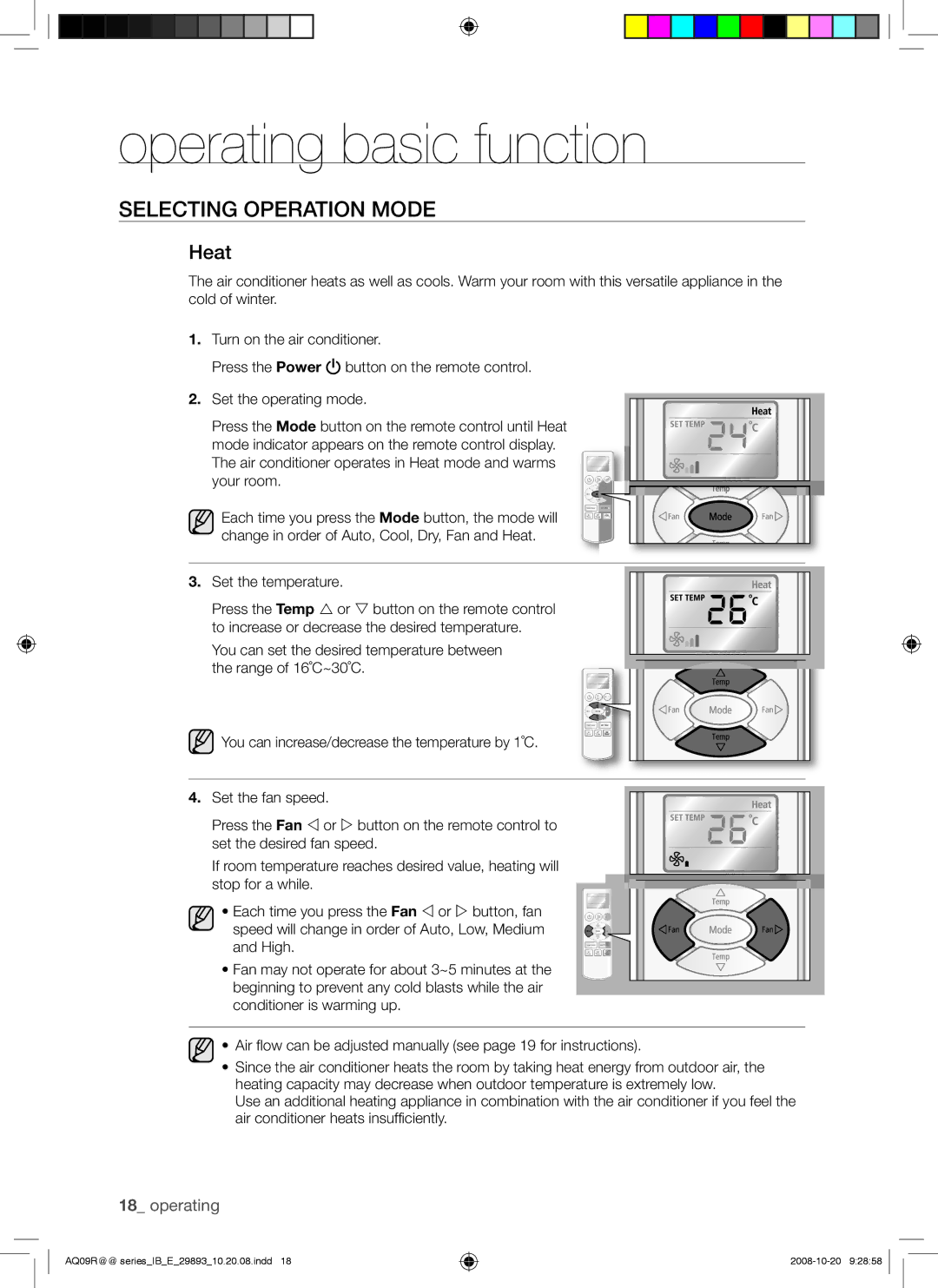 Samsung AQ18UANSER, AQ12UGAX, AQ18UGAN, AQ12UGBX, AQ24UGAN, AQ24UGAX, AQ12UGBN, AQ09UGBN, AQ09RGAX, AQ09UGBX, AQ09RGAN manual Heat 