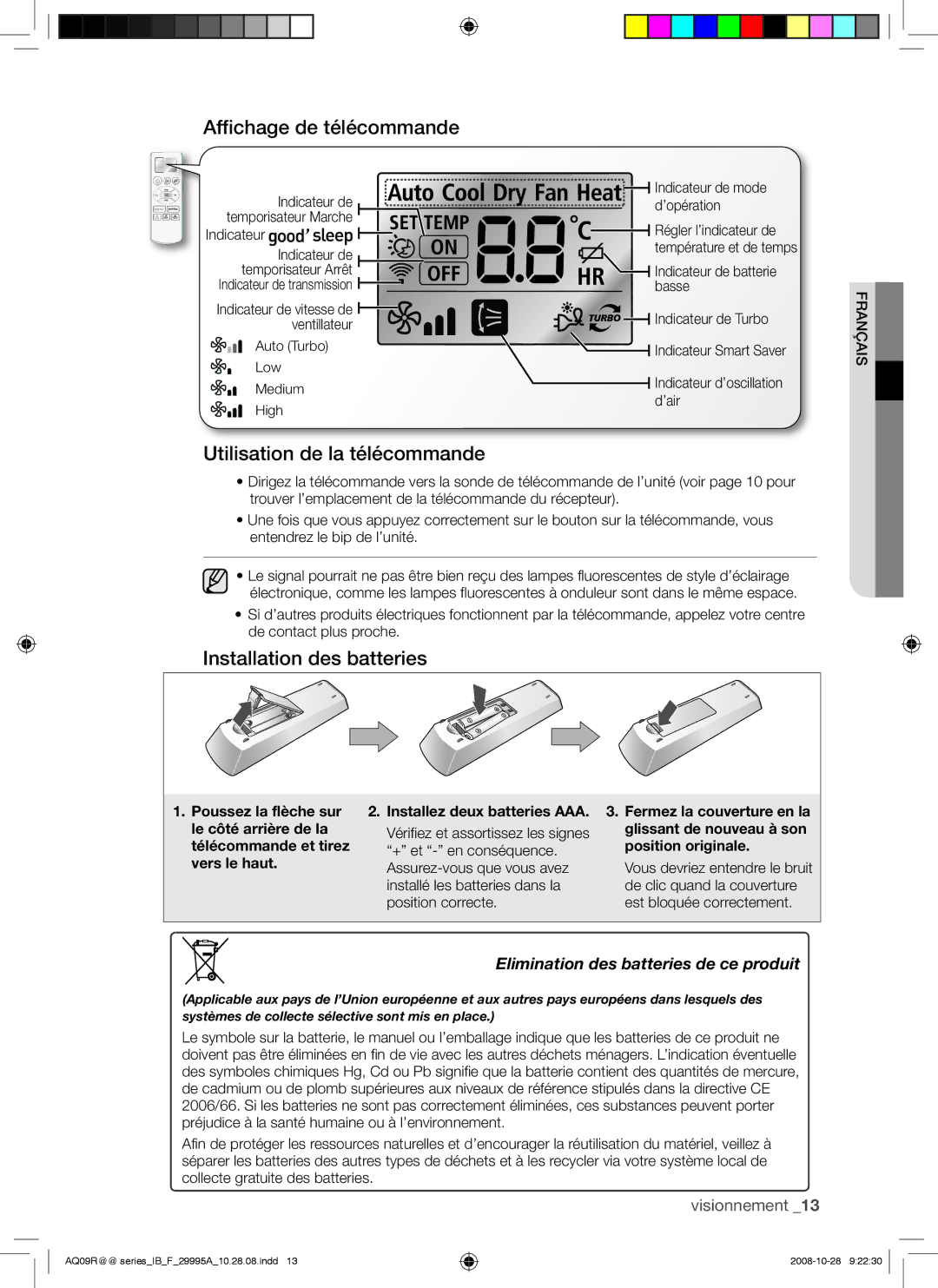 Samsung AQ12UGAX, AQ18UGAN, AQ12UGBX Affichage de télécommande, Utilisation de la télécommande, Installation des batteries 