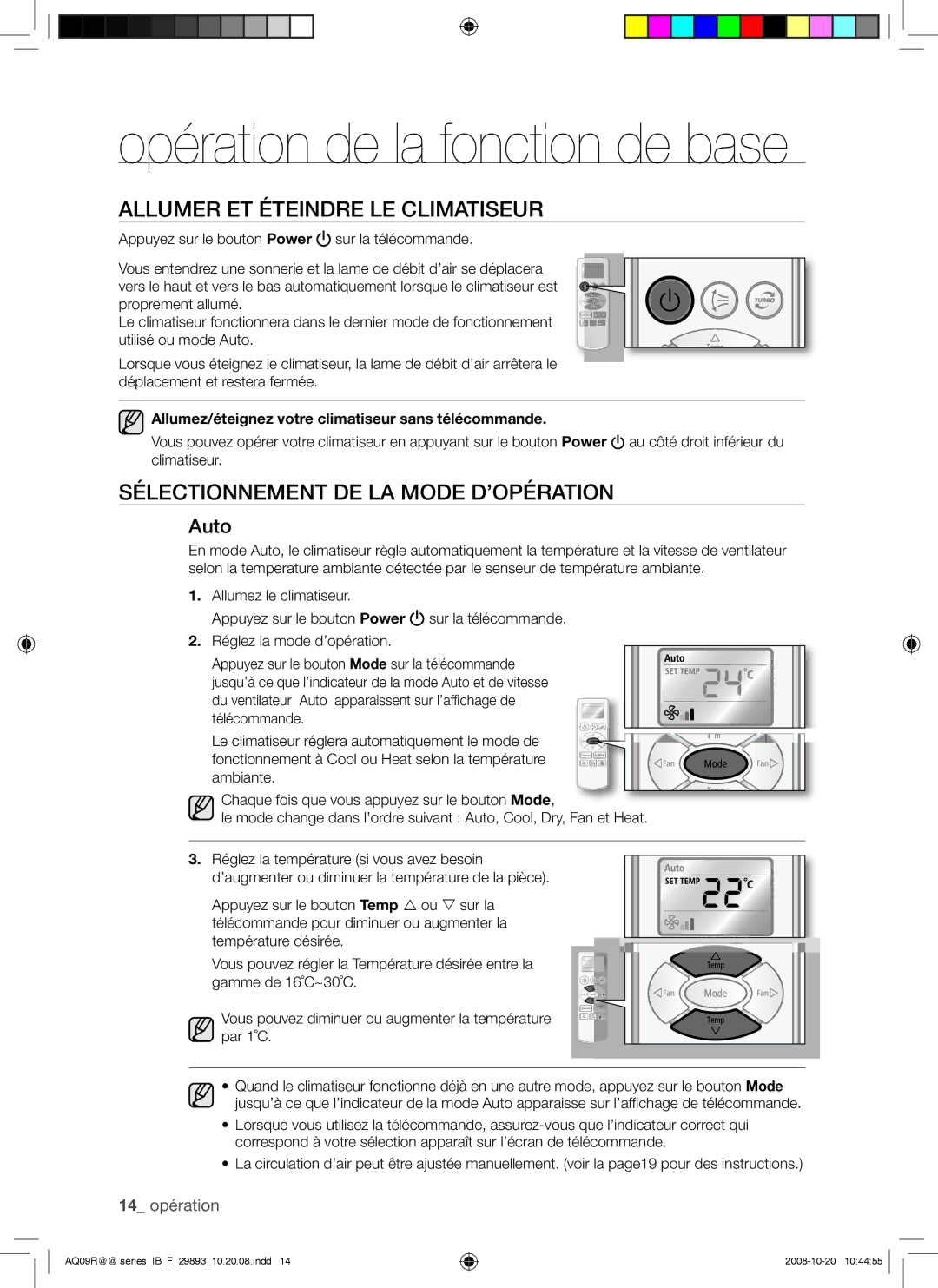 Samsung AQ18UGAN, AQ12UGAX, AQ12UGBX, AQ24UGAN Opération de la fonction de base, Allumer ET Éteindre LE Climatiseur, Auto 