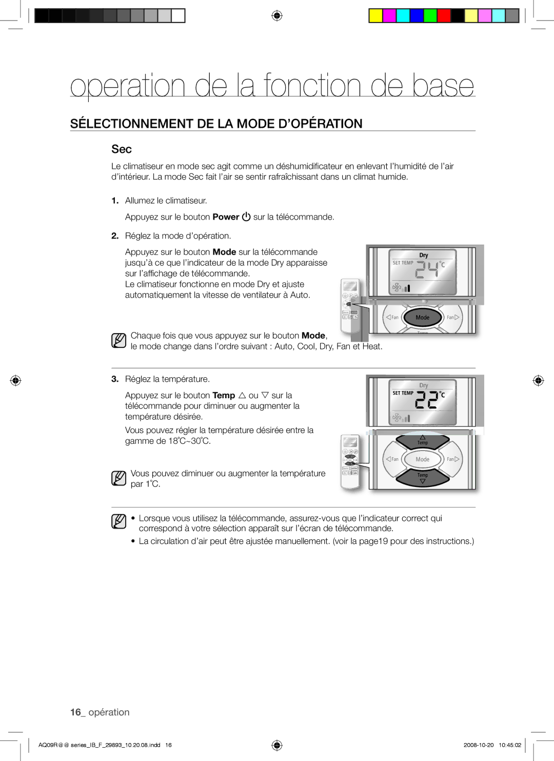 Samsung AQ24UGAN, AQ12UGAX, AQ18UGAN, AQ12UGBX, AQ24UGAX, AQ12UGBN, AQ09UGBN, AQ09RGAX Operation de la fonction de base, Sec 