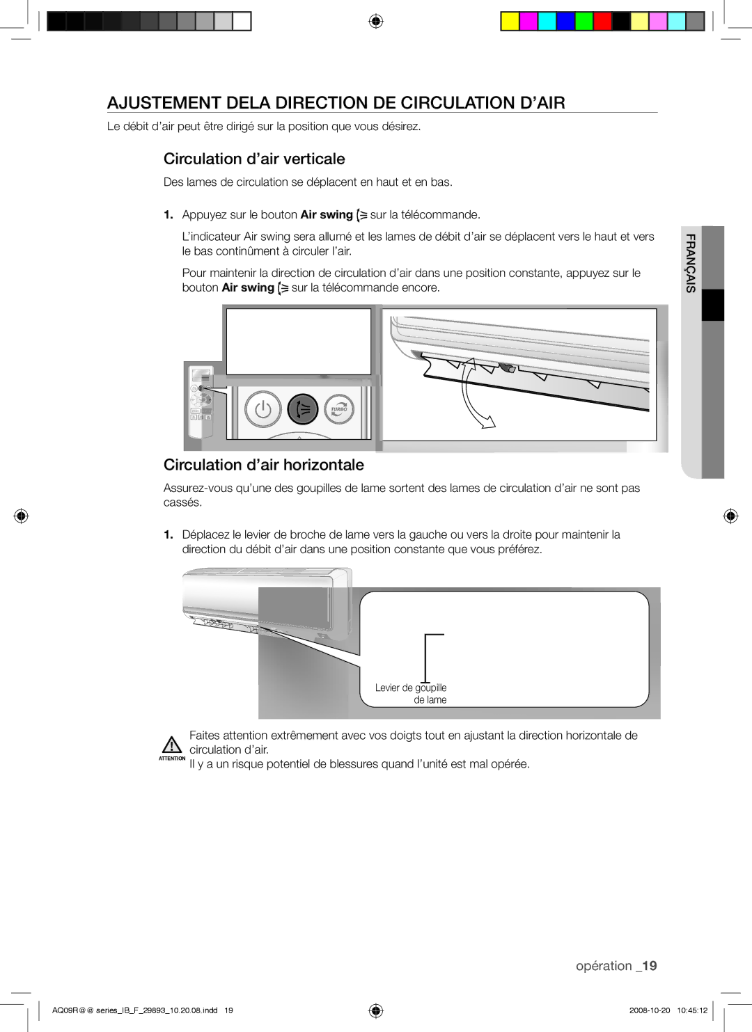 Samsung AQ09UGBN, AQ12UGAX, AQ18UGAN, AQ12UGBX Ajustement Dela Direction DE Circulation D’AIR, Circulation d’air verticale 