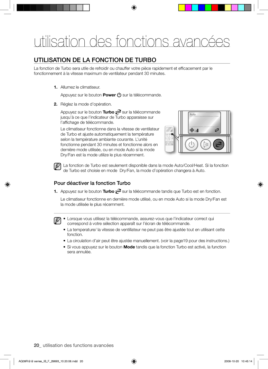 Samsung AQ09RGAX, AQ12UGAX, AQ18UGAN, AQ12UGBX manual Utilisation DE LA Fonction DE Turbo, Pour déactiver la fonction Turbo 
