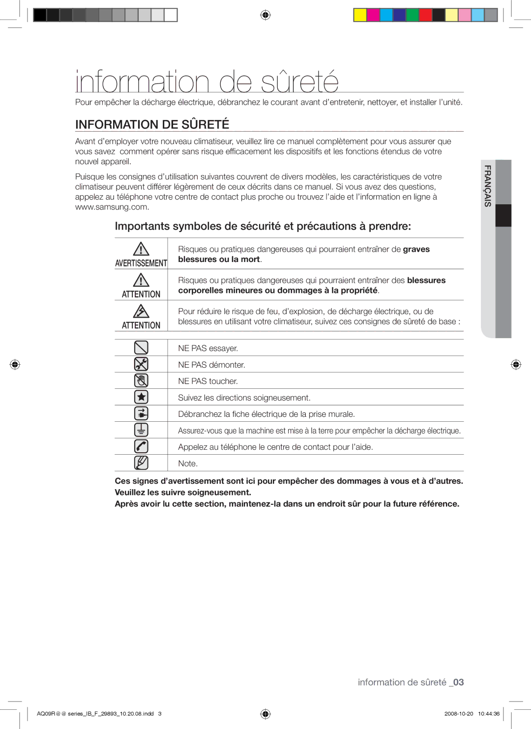 Samsung AQ12UGBX Information de sûreté, Information DE Sûreté, Importants symboles de sécurité et précautions à prendre 