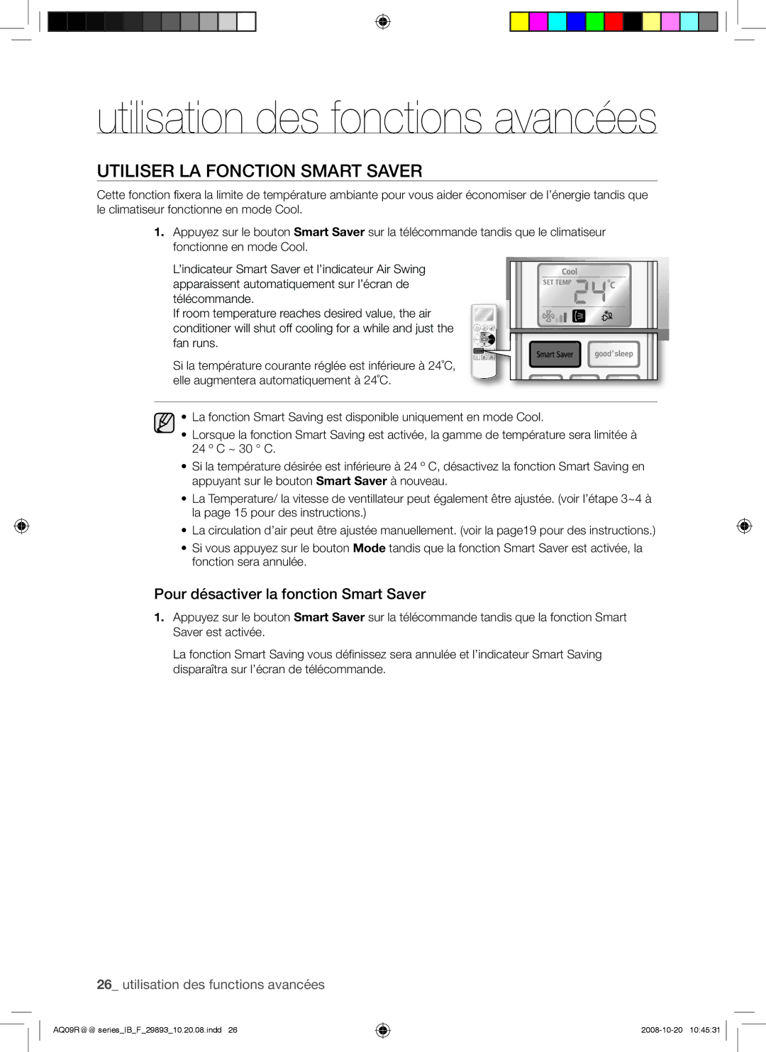 Samsung AQ18UGAN, AQ12UGAX, AQ12UGBX, AQ24UGAN Utiliser LA Fonction Smart Saver, Pour désactiver la fonction Smart Saver 