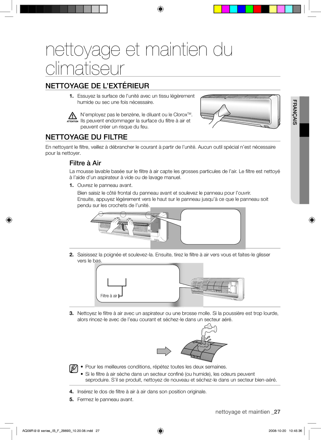 Samsung AQ12UGBX manual Nettoyage et maintien du climatiseur, Nettoyage DE L’EXTÉRIEUR, Nettoyage DU Filtre, Filtre à Air 