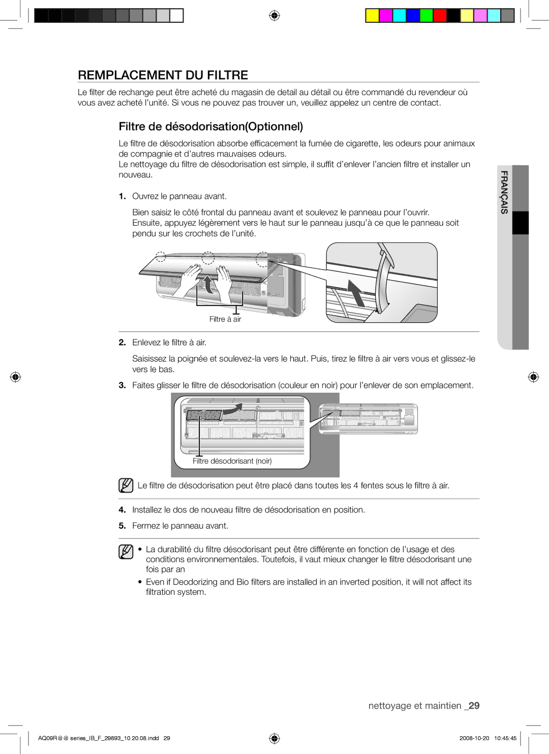 Samsung AQ24UGAX, AQ12UGAX, AQ18UGAN, AQ12UGBX, AQ24UGAN, AQ12UGBN Remplacement DU Filtre, Filtre de désodorisationOptionnel 