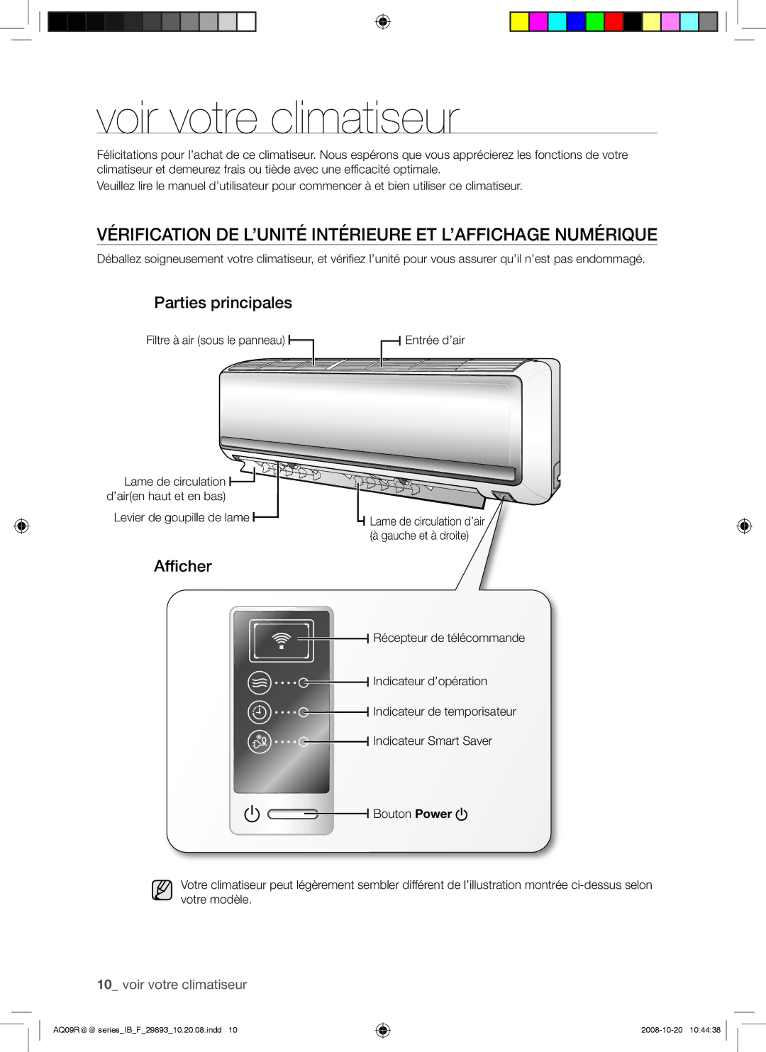 Samsung AQ09RGAN Voir votre climatiseur, Vérification DE L’UNITÉ Intérieure ET L’AFFICHAGE Numérique, Parties principales 