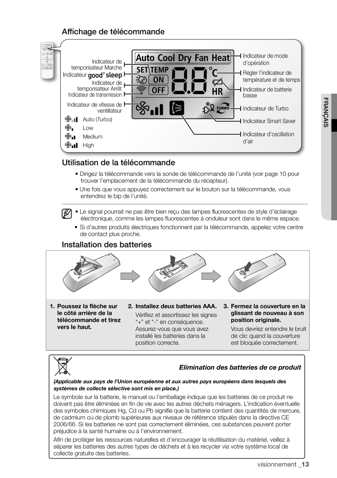 Samsung AQV12UGAX, AQ12UGAX, AQ18UGAN Affichage de télécommande, Utilisation de la télécommande, Installation des batteries 