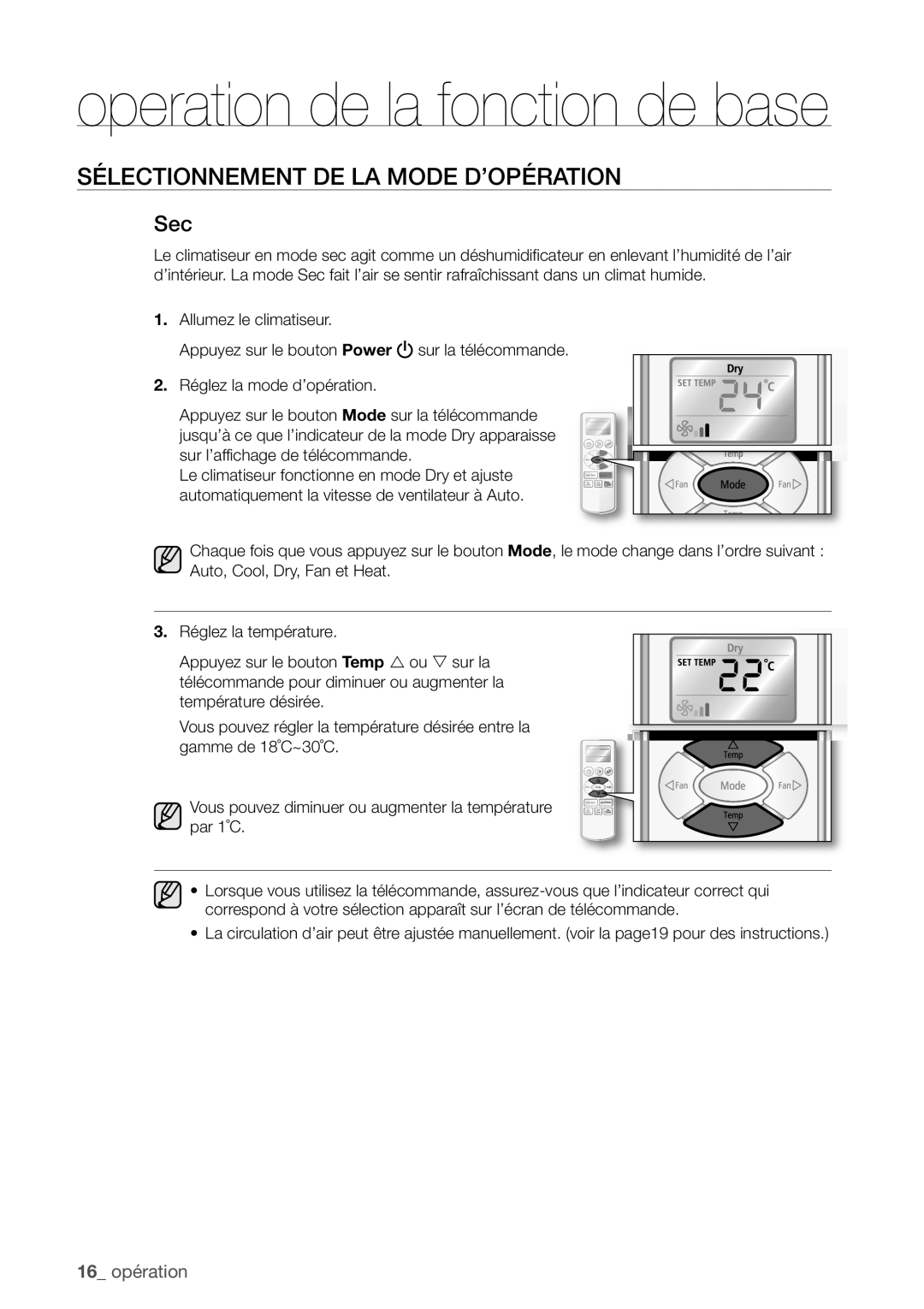 Samsung AQ12UGAX, AQ18UGAN, AQ12UGBX, AQ24UGAN, AQ24UGAX, AQ12UGBN, AQ09UGDN, AQ09UGBN Operation de la fonction de base, Sec 