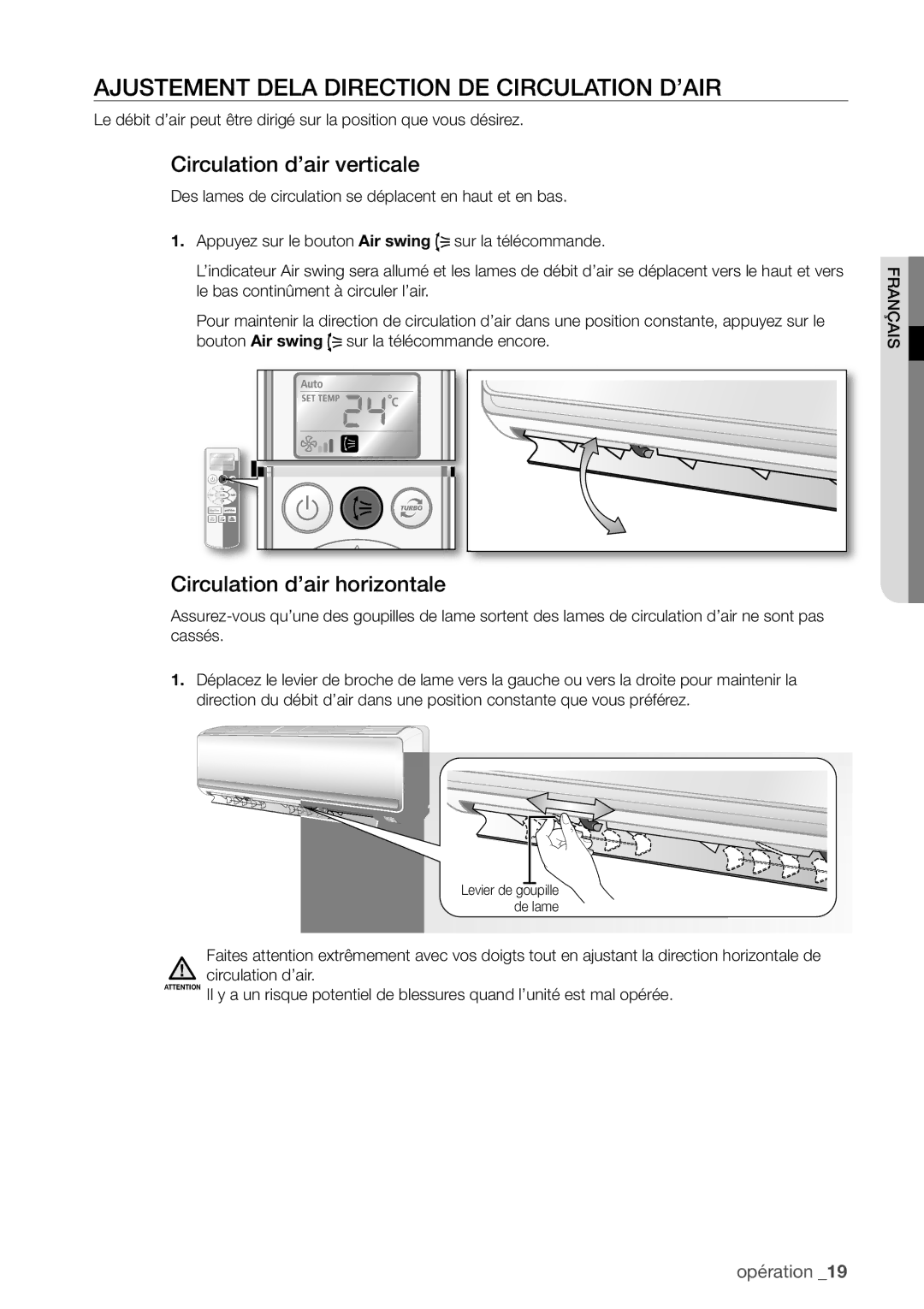 Samsung AQ24UGAN, AQ12UGAX, AQ18UGAN, AQ12UGBX Ajustement Dela Direction DE Circulation D’AIR, Circulation d’air verticale 