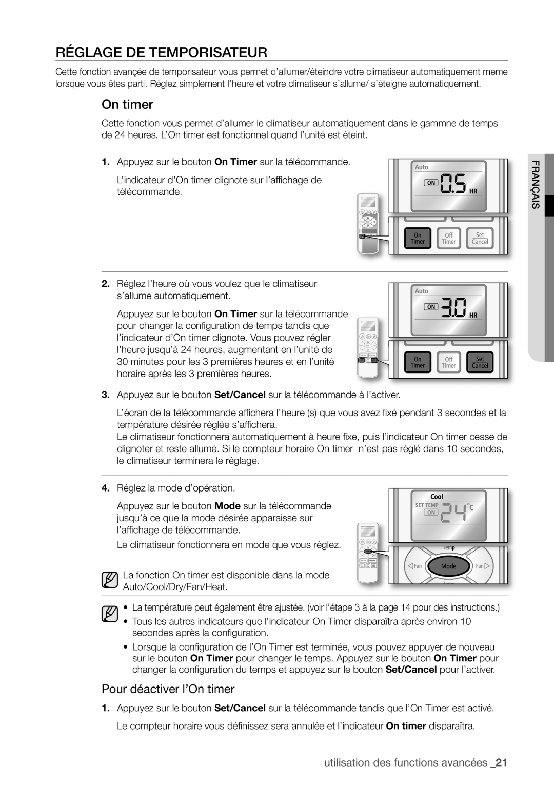 Samsung AQ12UGBN, AQ12UGAX, AQ18UGAN, AQ12UGBX, AQ24UGAN, AQ24UGAX Réglage DE Temporisateur, Pour déactiver l’On timer 