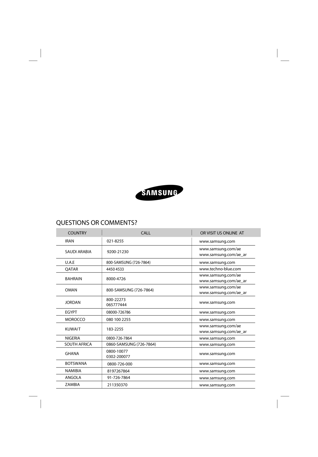 Samsung AS12UUPXXSG, AQ12UUPXSG, AQ24UUQXSG, AS18UUPNUMG manual Country, Call, Or Visit Us Online At, Questions Or Comments? 