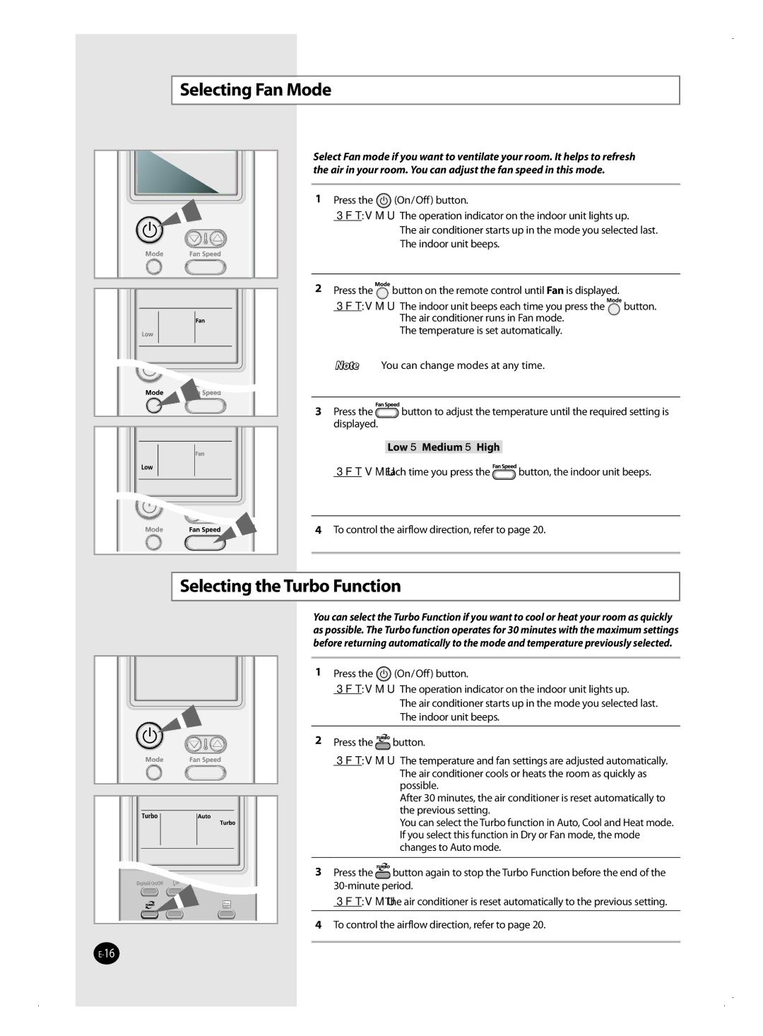 Samsung AQ09VBANSEU, AQ12VBANSEU, AQ12VBAXSEU manual Selecting Fan Mode, Selecting the Turbo Function, Low  Medium  High 