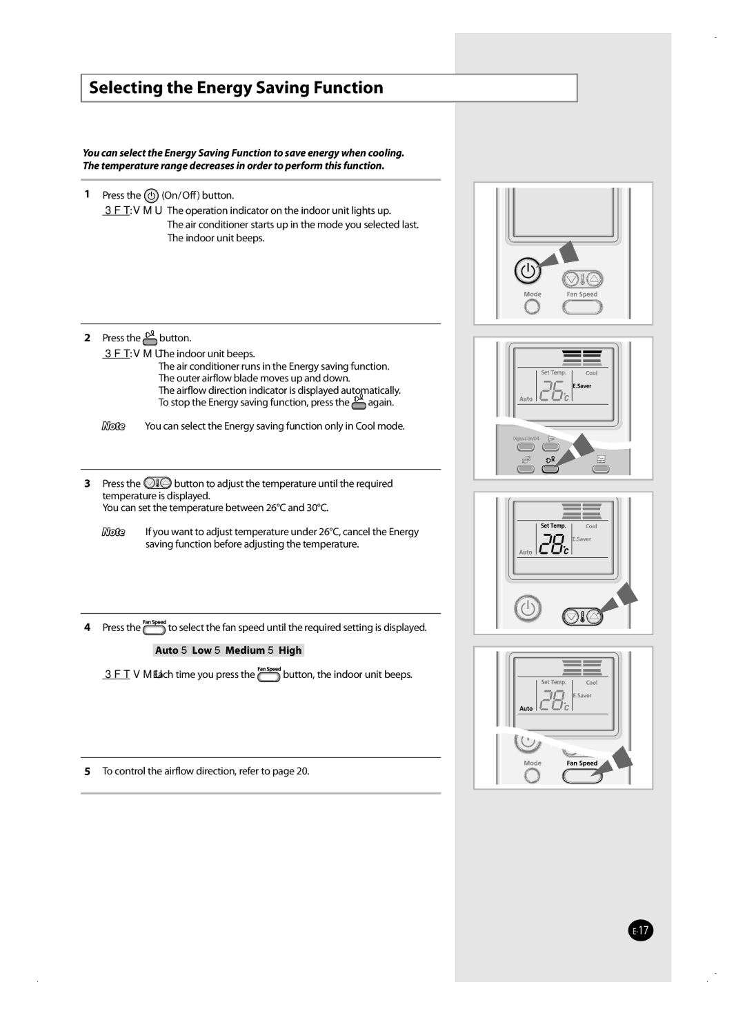 Samsung AQ09VBAXSER, AQ12VBANSEU, AQ12VBAXSEU, AQ12VWAXSEU, AQ18VBANSEU, AQ18VBAXSEU manual Selecting the Energy Saving Function 