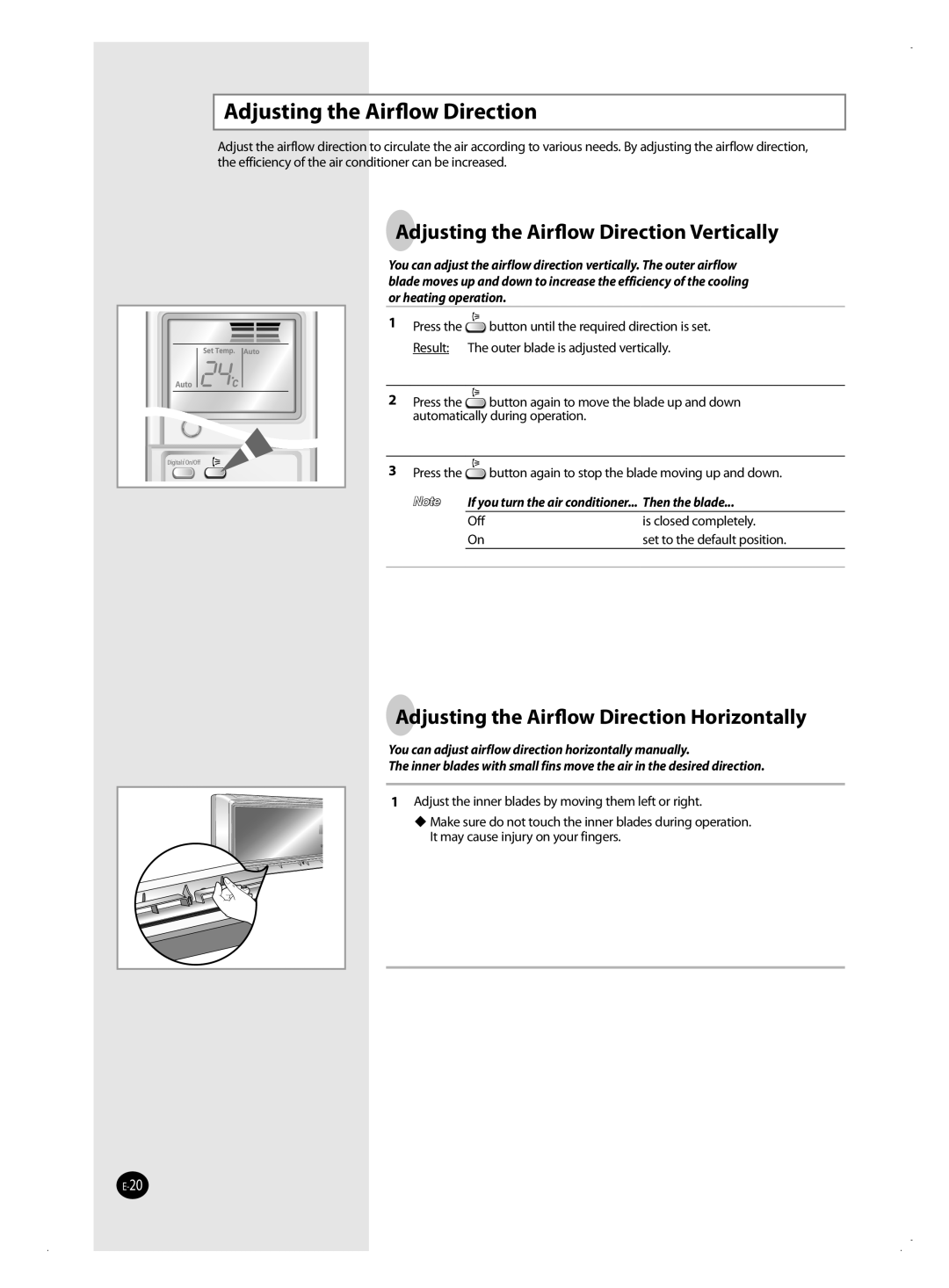 Samsung AQ18VWAXSEU manual Adjusting the Airﬂow Direction Vertically, Adjusting the Airﬂow Direction Horizontally 