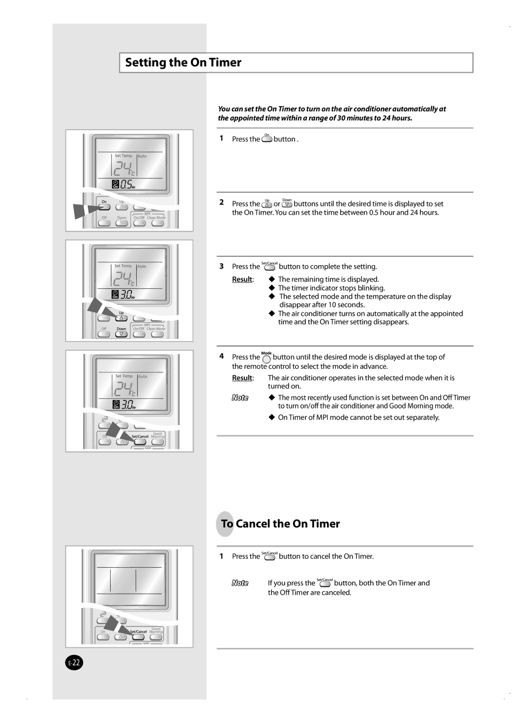 Samsung AQ24VWAXSEU, AQ12VBANSEU, AQ12VBAXSEU, AQ12VWAXSEU, AQ18VBANSEU manual Setting the On Timer, To Cancel the On Timer 