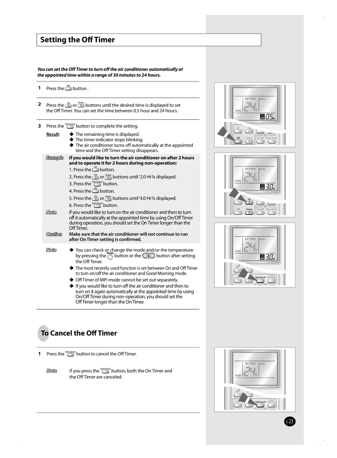 Samsung AQ24VWANSEU, AQ12VBANSEU, AQ12VBAXSEU, AQ12VWAXSEU, AQ18VBANSEU manual Setting the Oﬀ Timer, To Cancel the Oﬀ Timer 