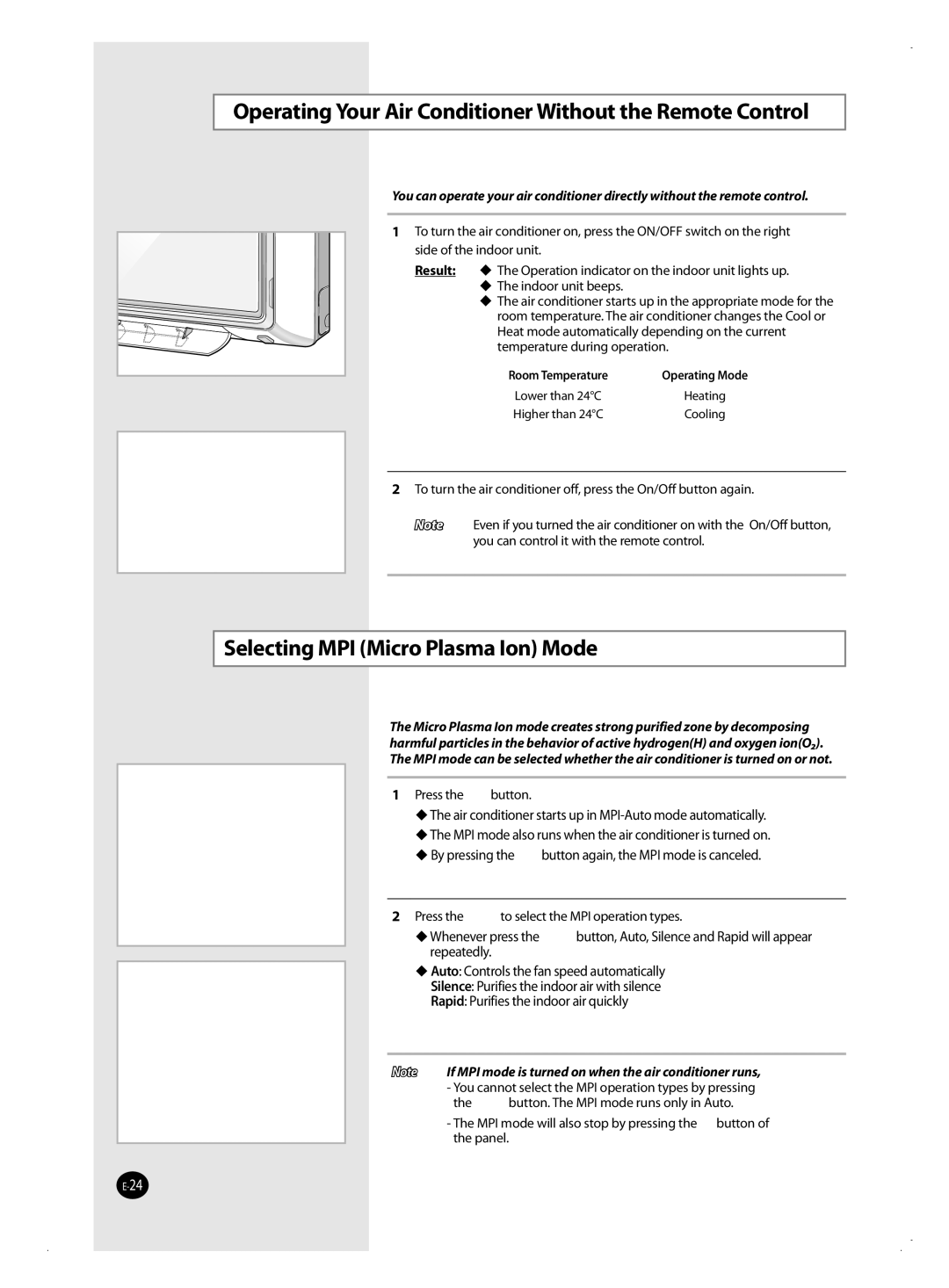 Samsung AQ18VWAXSER manual Operating Your Air Conditioner Without the Remote Control, Selecting MPI Micro Plasma Ion Mode 