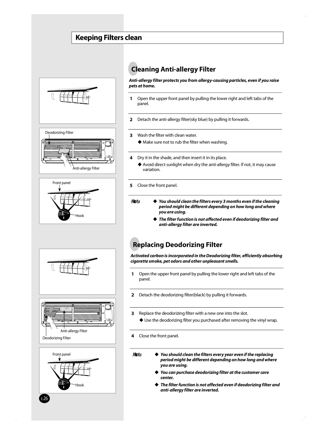 Samsung AQ09VBAXSEU, AQ12VBANSEU manual Keeping Filters clean, Cleaning Anti-allergy Filter, Replacing Deodorizing Filter 