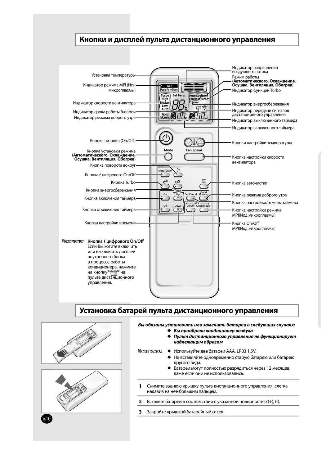 Samsung AQ18VBAXSER Кнопки и дисплей пульта дистанционного управления, Установка батарей пульта дистанционного управления 