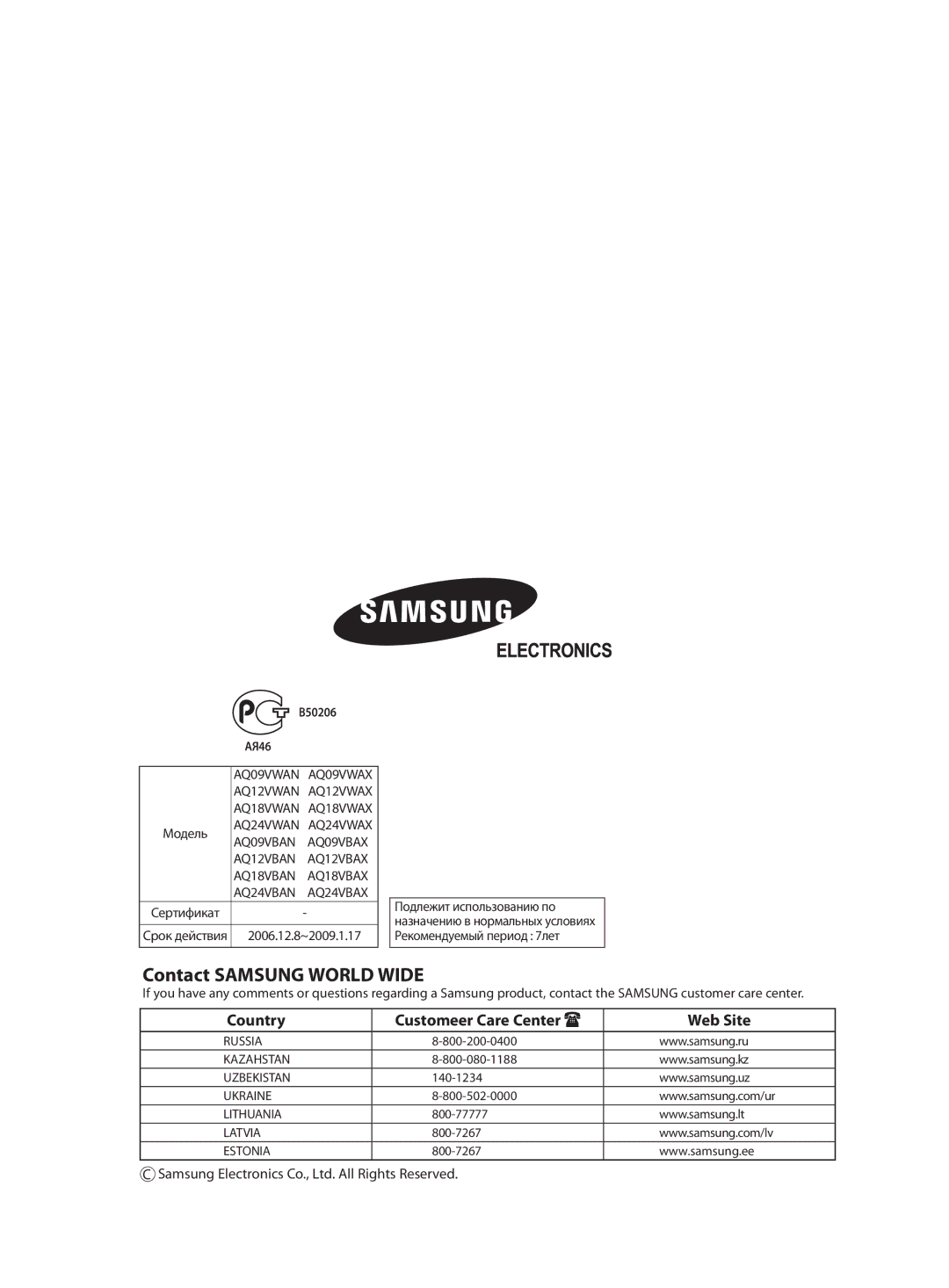 Samsung AQ12VBANSEU, AQ12VBAXSEU, AQ12VWAXSEU, AQ18VBANSEU, AQ18VBAXSEU, AQ24VBAXSEU, AQ12VWANSER, AQ12VBAXSER manual B50206, AЯ46 