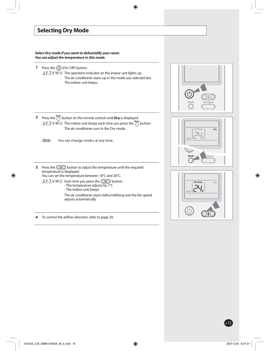 Samsung AQ12VBLXSER, AQ12VBLNSER, AQ09VBLXSER, AQ09VBLNSER manual 4FMFDUJOH%SZ.PEF 