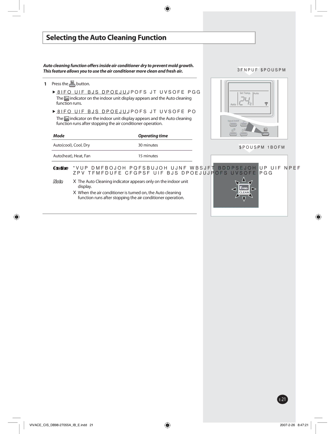 Samsung AQ09VBLXSER manual 4FMFDUJOHUIFVUP$MFBOJOHVODUJPO, F8IFOUIFBJSDPOEJUJPOFSJTUVSOFEPGG, PEF 0QFSBUJOHUJNF 